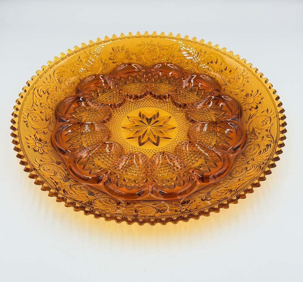 Indiana Sandwich Glass Tiara Amber Deviled Egg Serving Platter Sawtooth Rim 12"